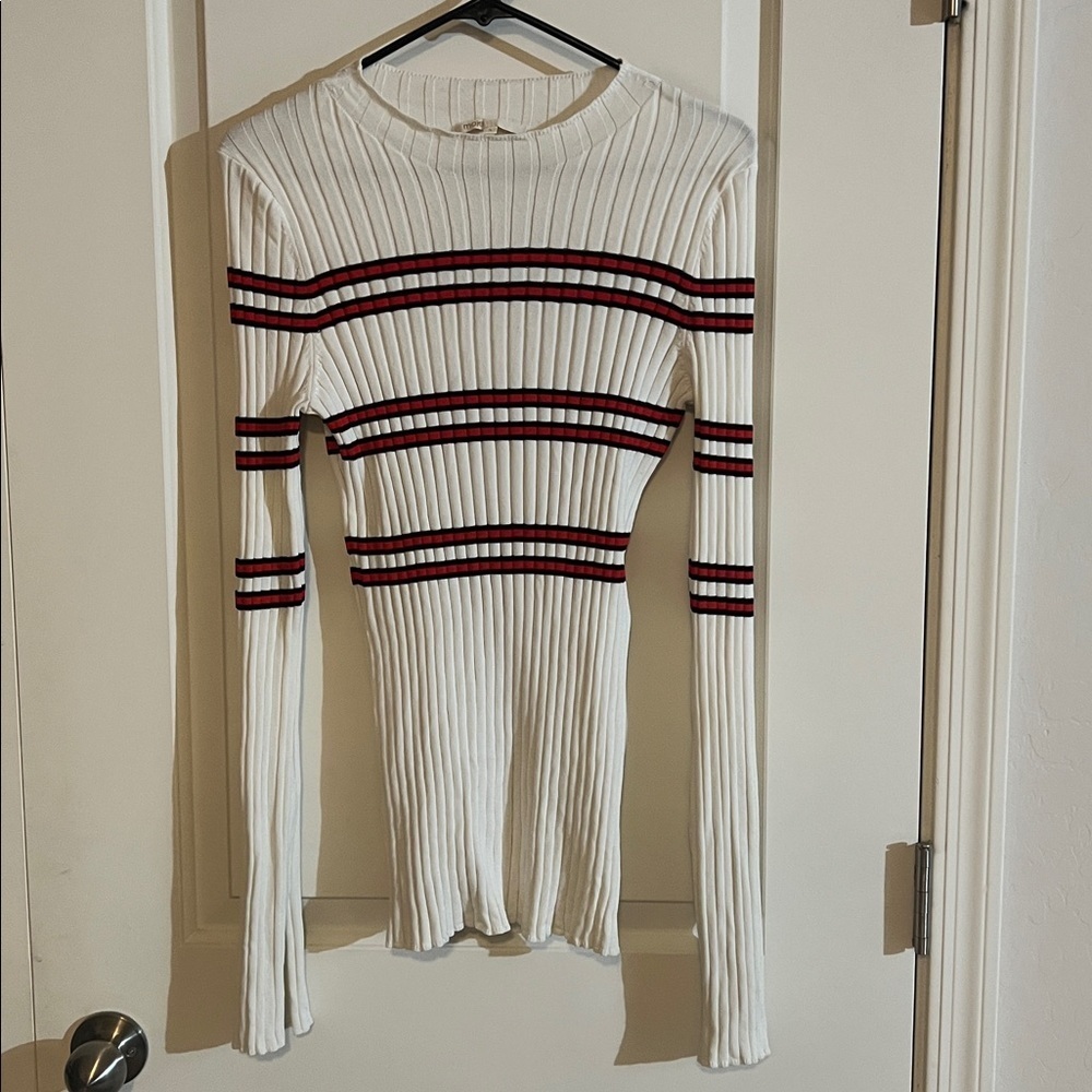 Maje Manuel Striped Sweater with Side Slit and Flare Sleeves